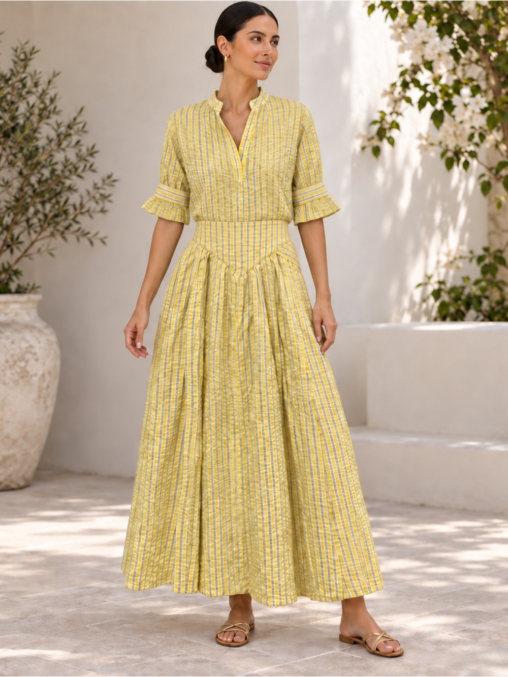 Dixie Yellow Gingham Blouse/ Wrap Striped Skirt Set